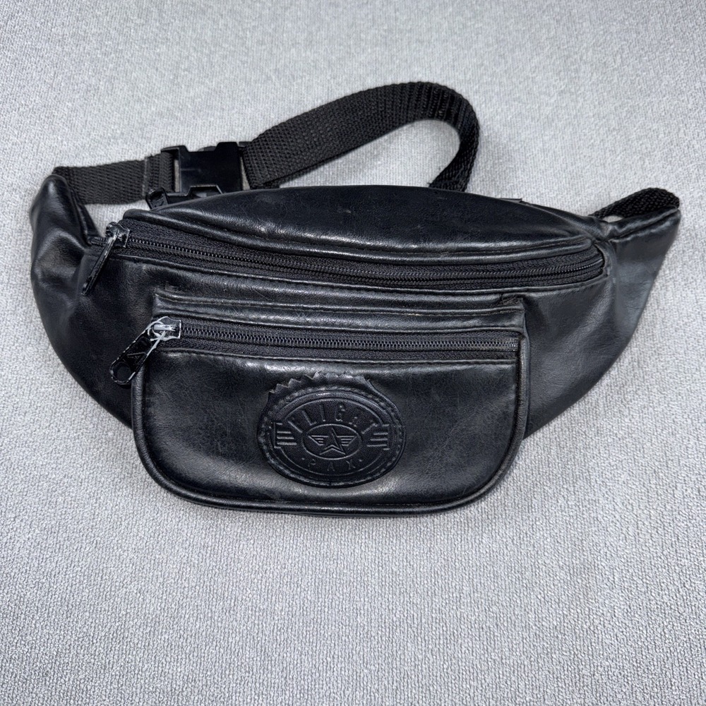 Vtg Fanny Pack Flight Pax Black Leather Waist Bag Adjustable 3 Zipper Pocket